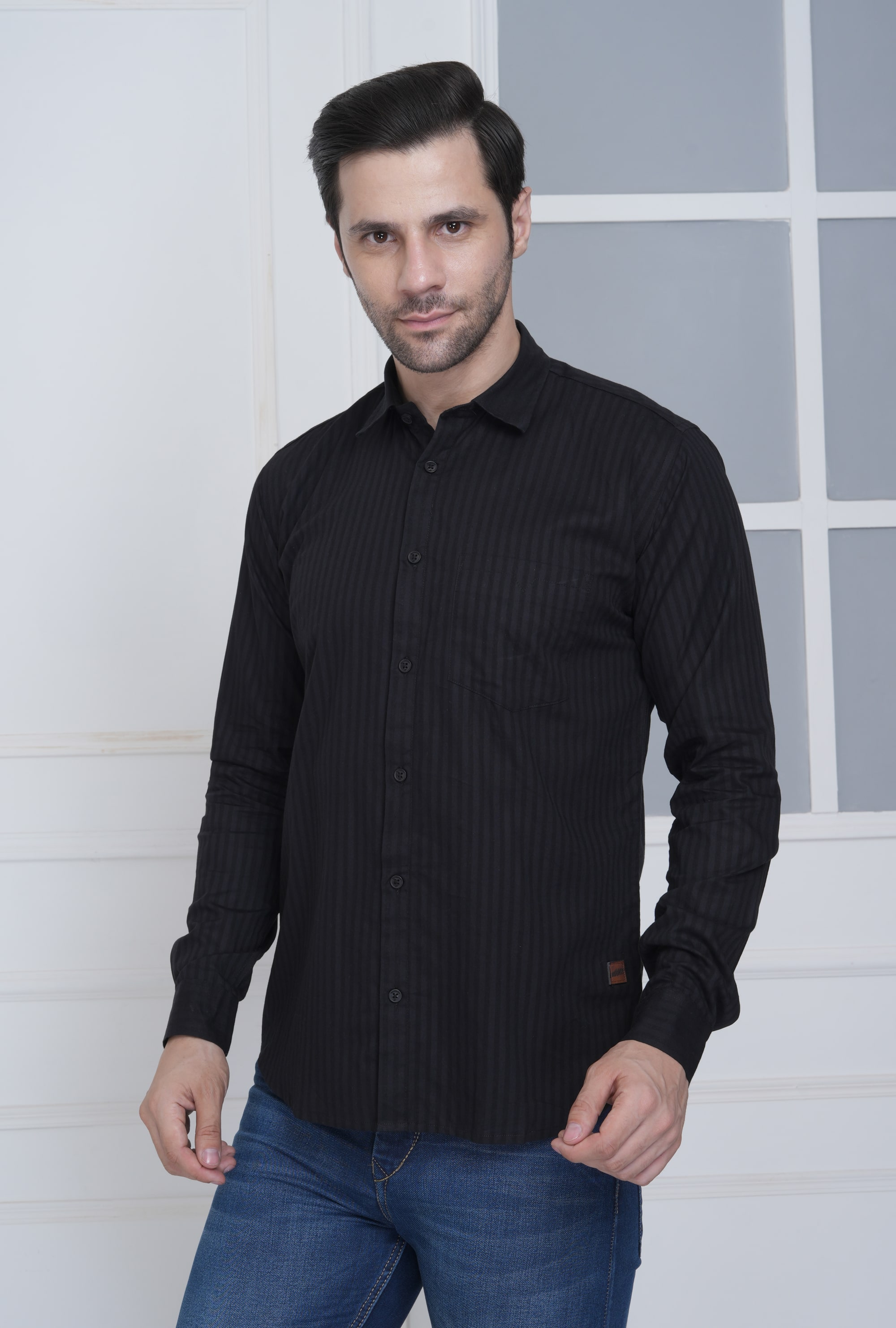 Quiddict Jet Black Men's Striped  Shirt